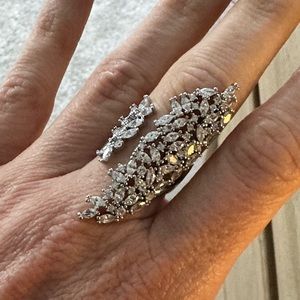 NEW adjustable silver faux diamond large ring with small baguettes